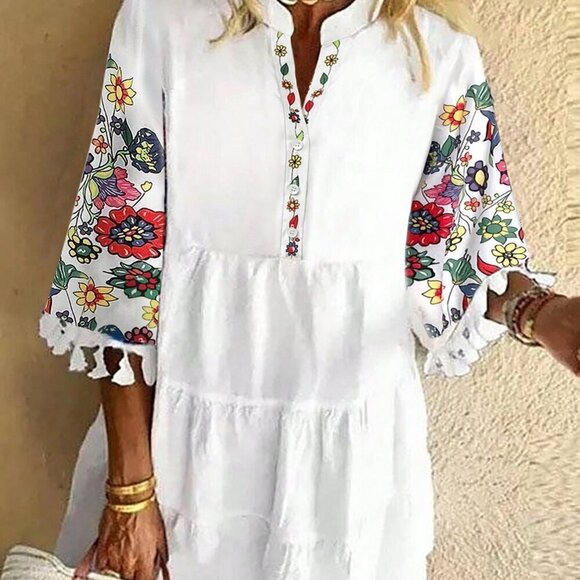 White Boho Women's Floral Patchwork Print Notched Neckline Ruffle Hem Dress - Picture 2 of 7